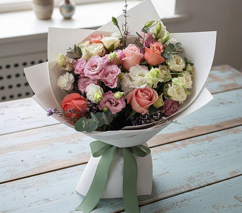 Букет цветов из: Розы, Лизиантусы и Гвоздики в Мулловке