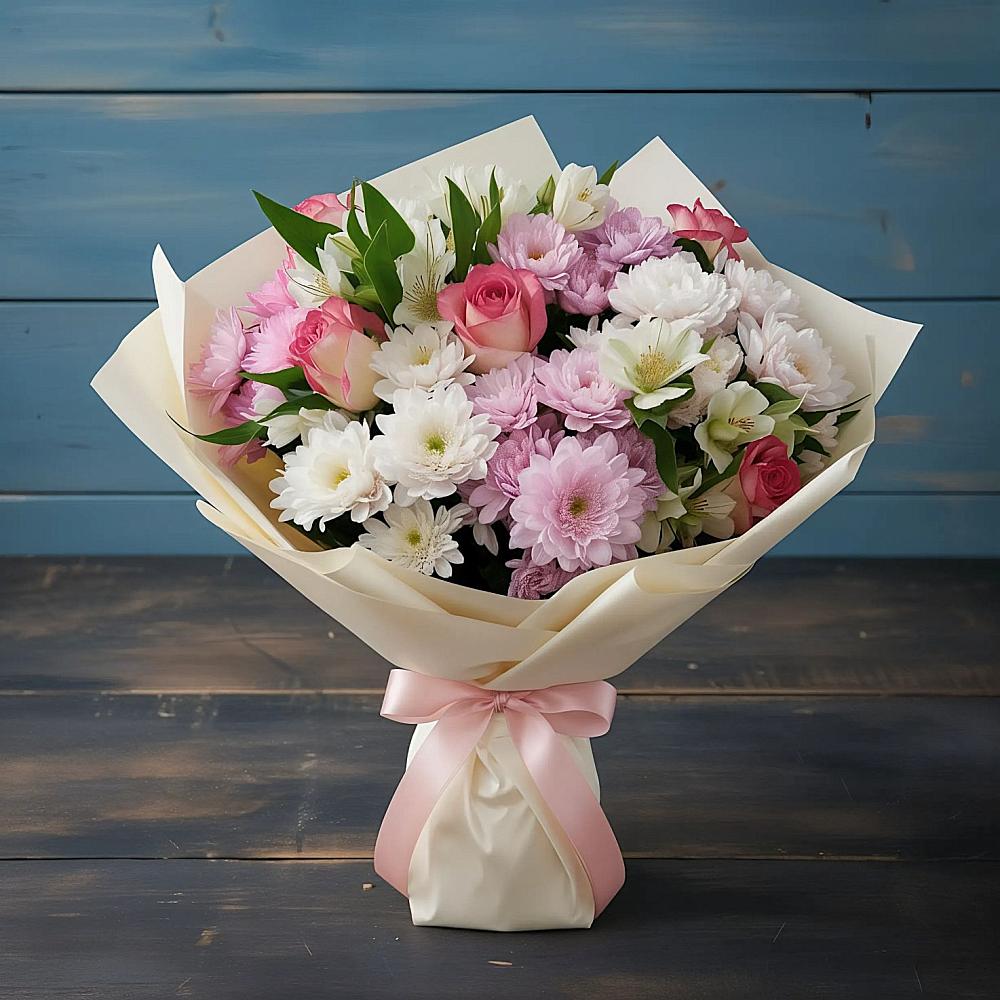 Букет цветов из: Хризантемы, Альстромерии и Розы в Мулловке